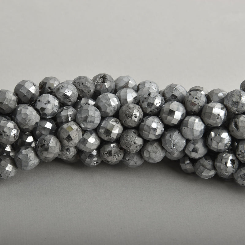 10mm DRUZY QUARTZ Round Beads, Silver Faceted Titanium Coated Geode, full strand gem0461