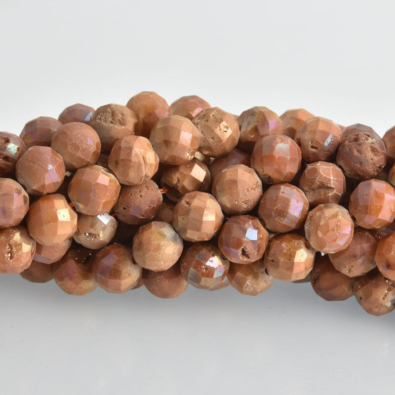 10mm DRUZY QUARTZ Round Beads, Champagne Peach Faceted Titanium Coated Geode, full strand gem0462