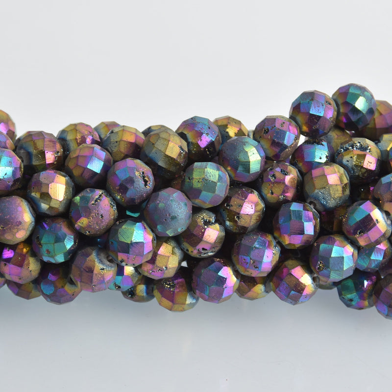 10mm DRUZY QUARTZ Round Beads, Mardi Gras Faceted Titanium Coated Geode, full strand gem0464