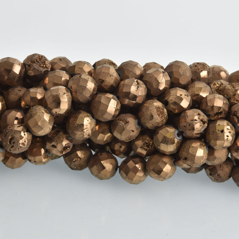 10mm DRUZY QUARTZ Round Beads, Bronze Faceted Titanium Coated Geode, full strand gem0465