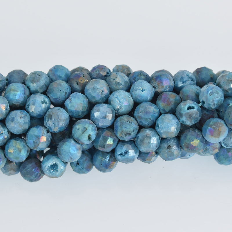 10mm DRUZY QUARTZ Round Beads, Blue Faceted Titanium Coated Geode, full strand gem0477