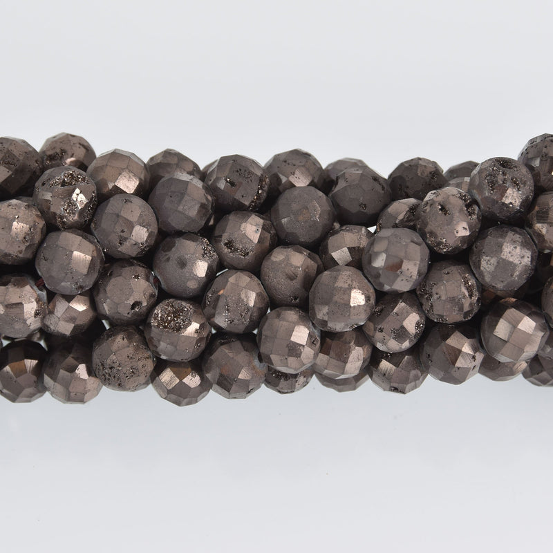 10mm Mushroom Gray DRUZY QUARTZ Round Beads, Faceted Titanium Coated Geode, full strand gem0478