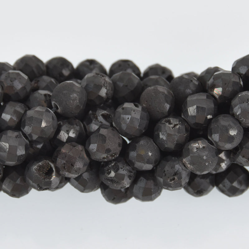 8mm Black DRUZY QUARTZ Round Beads, Faceted Titanium Coated Geode, full strand gem0485