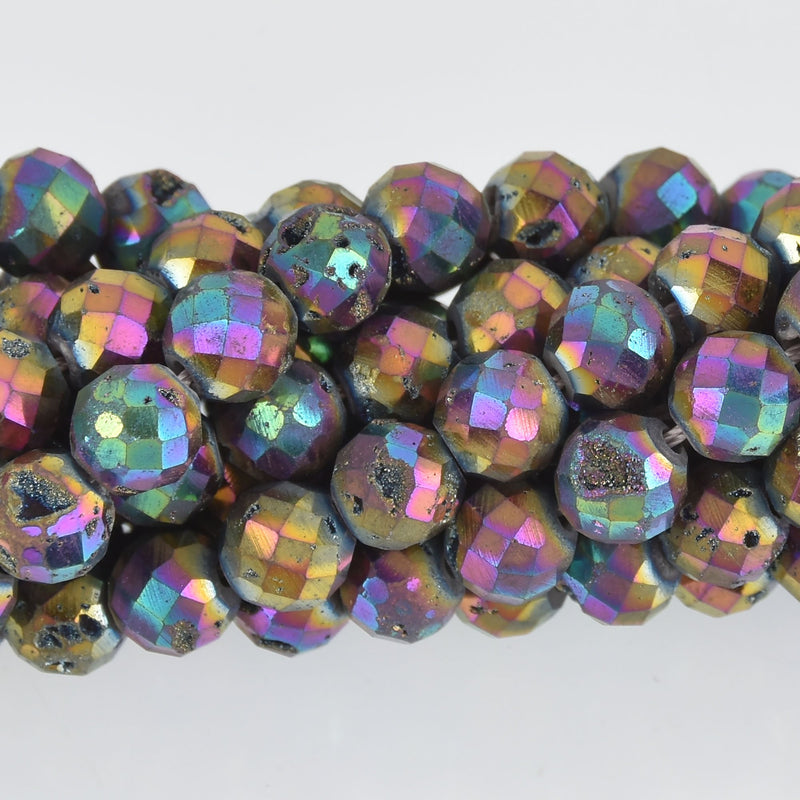 8mm Mardigras Rainbow DRUZY QUARTZ Round Beads, Faceted Titanium Coated Geode, full strand gem0487