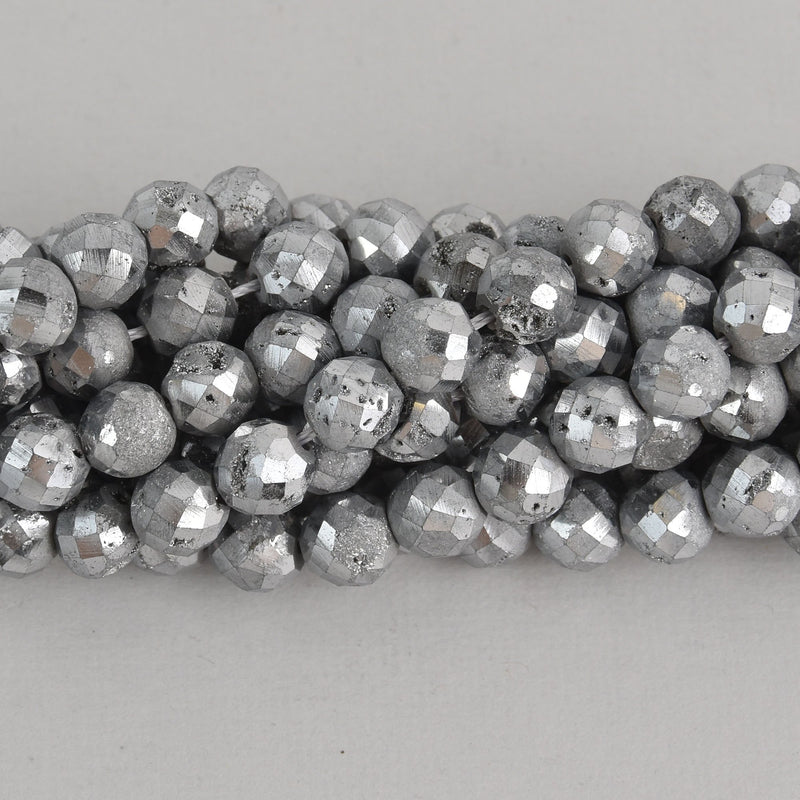 8mm Silver DRUZY QUARTZ Round Beads, Faceted Titanium Coated Geode, full strand gem0488