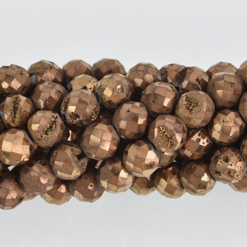 8mm Bronze DRUZY QUARTZ Round Beads, Faceted Titanium Coated Geode, full strand gem0489