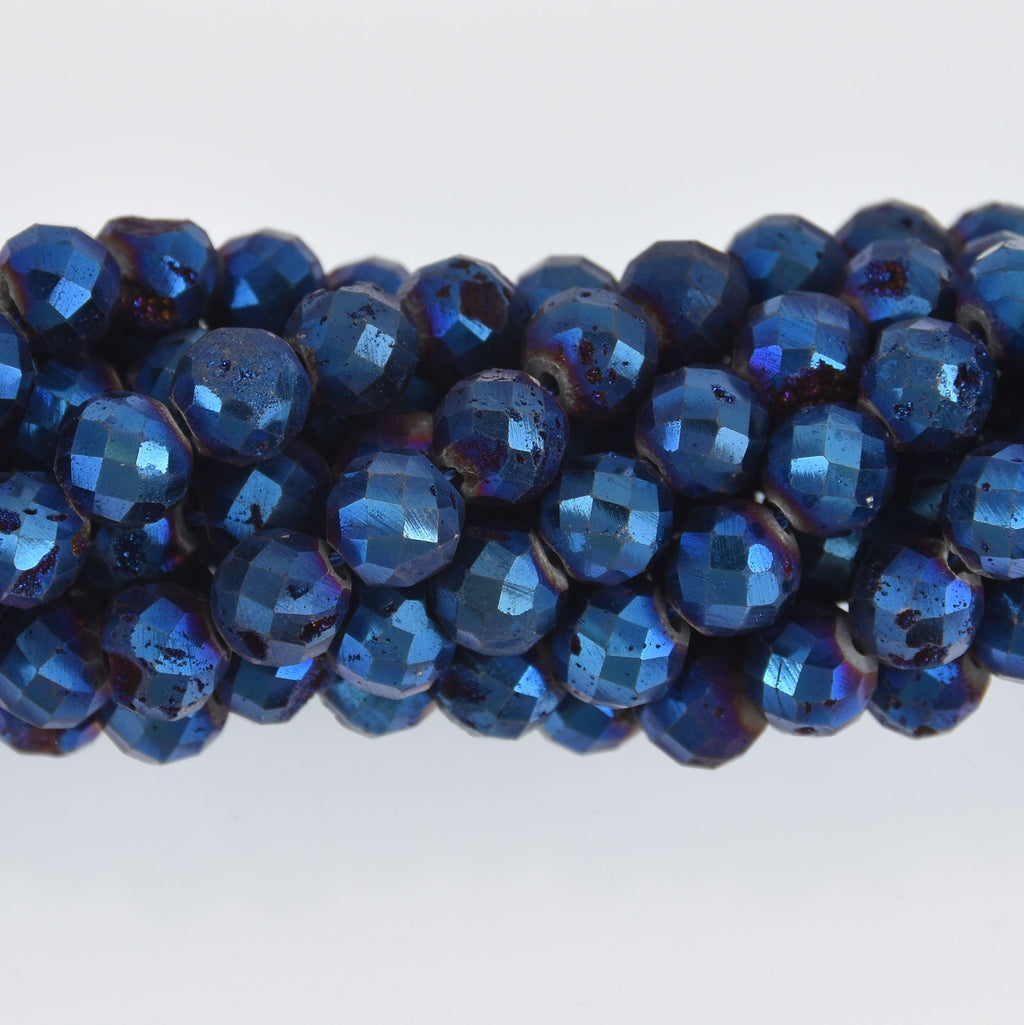 8mm Blue Iris DRUZY QUARTZ Round Beads, Faceted Titanium Coated Geode,