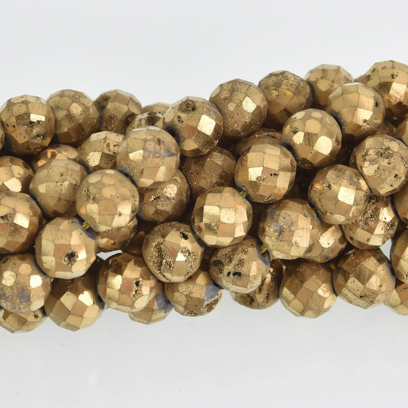 8mm Gold DRUZY QUARTZ Round Beads, Faceted Titanium Coated Geode, full strand gem0494