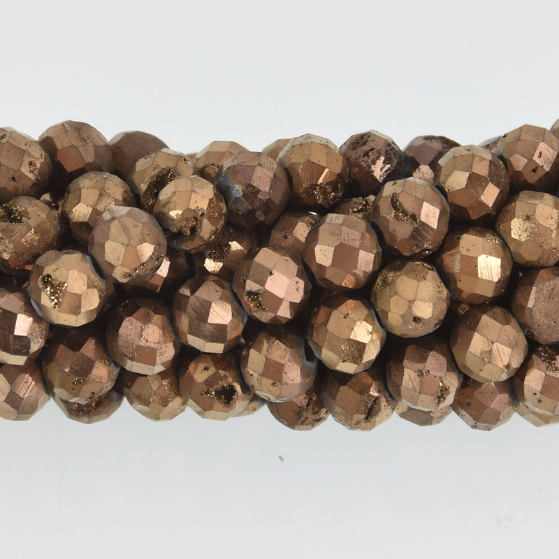 6mm Bronze DRUZY QUARTZ Round Beads, Faceted Titanium Coated Geode, full strand gem0496