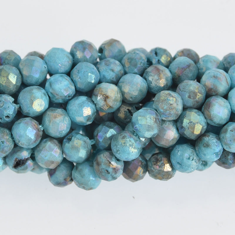 6mm Turquoise Blue DRUZY QUARTZ Round Beads, Faceted Titanium Coated Geode, full strand gem0497