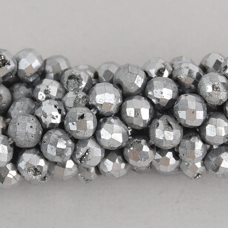 6mm Silver DRUZY QUARTZ Round Beads, Faceted Titanium Coated Geode, full strand gem0499