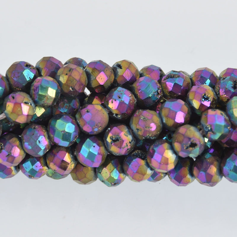 6mm Mardi Gras Rainbow DRUZY QUARTZ Round Beads, Faceted Titanium Coated Geode, full strand gem0500