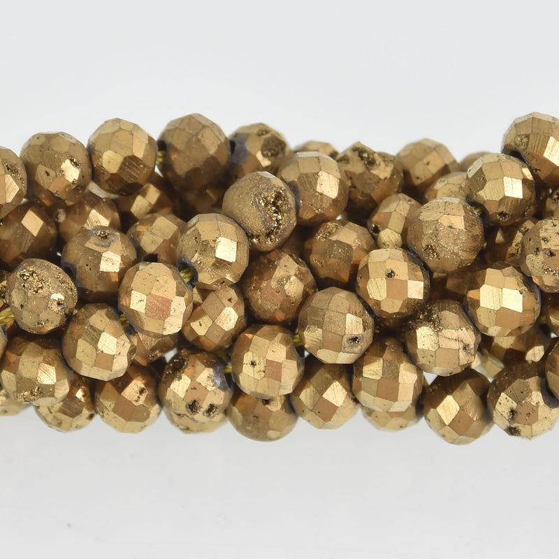 6mm Gold DRUZY QUARTZ Round Beads, Faceted Titanium Coated Geode, full strand gem0501