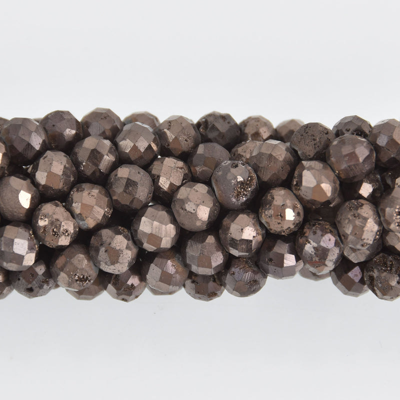 6mm Mushroom Brown DRUZY QUARTZ Round Beads, Faceted Titanium Coated Geode, full strand gem0503