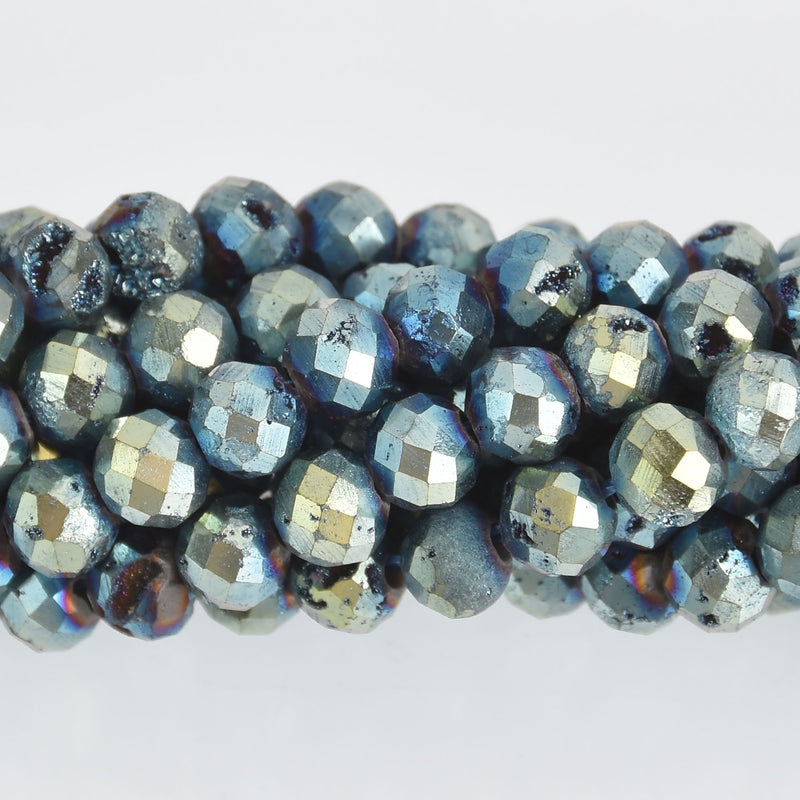 6mm Blue Gold DRUZY QUARTZ Round Beads, Faceted Titanium Coated Geode, full strand gem0504
