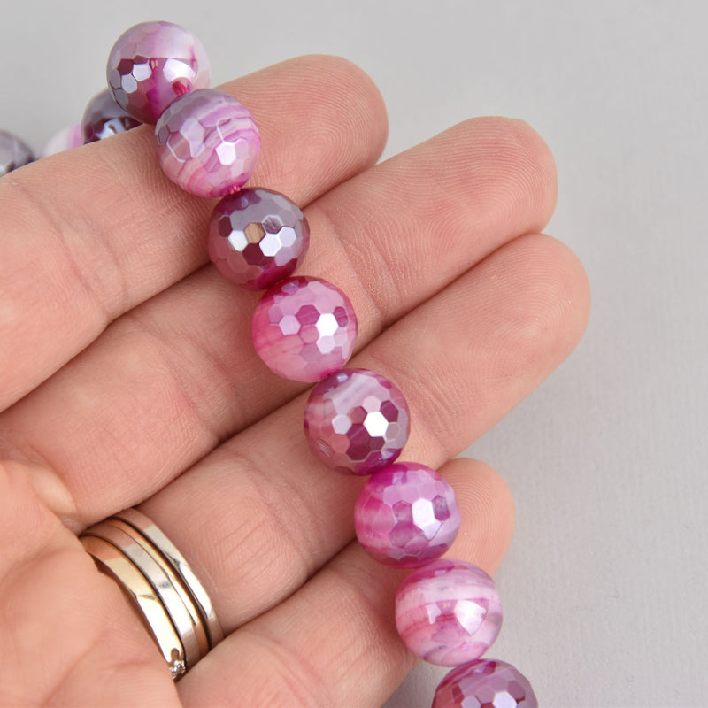 12mm Pink Fuchsia Sardonyx Beads, Round Electroplate Gemstone, Faceted, x6 beads, gem0514