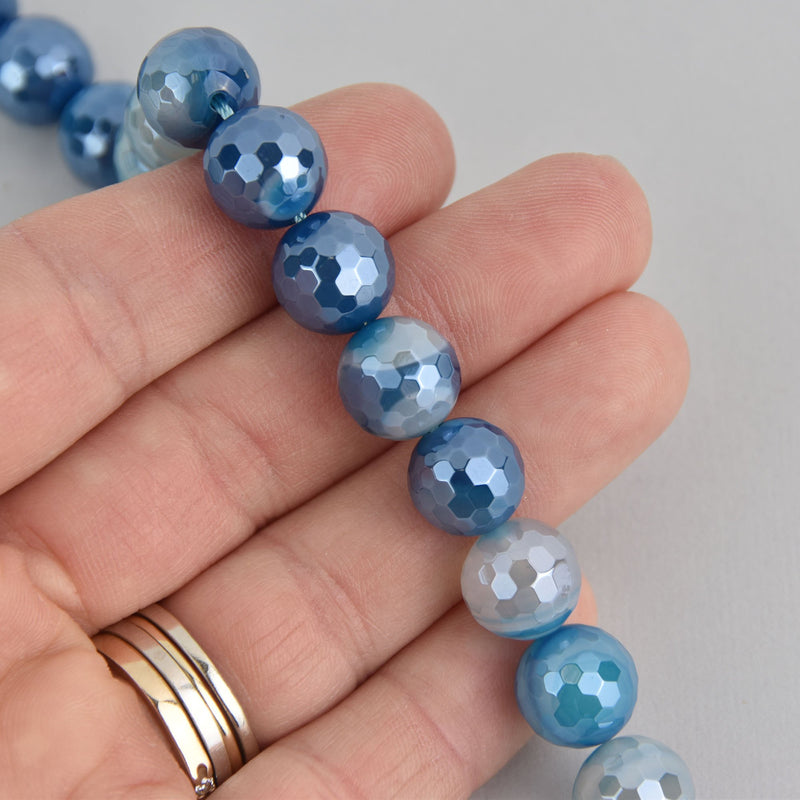 12mm Blue Sardonyx Beads, Round Electroplate Gemstone, Faceted, x6 beads, gem0515