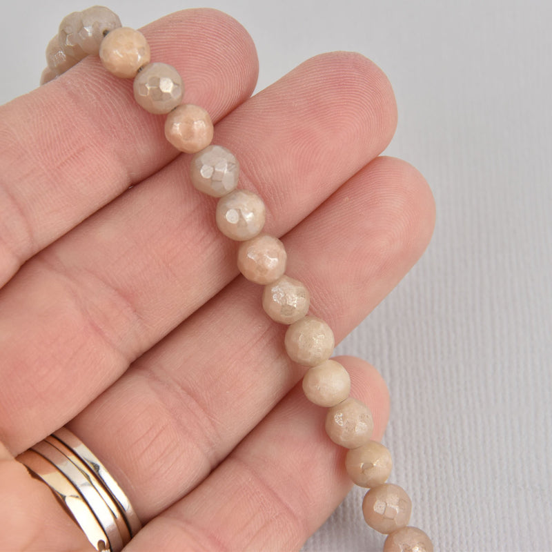 6mm Peach Moonstone Beads, Round Rainbow Electroplate Gemstone, Faceted, x10 beads, gem0524