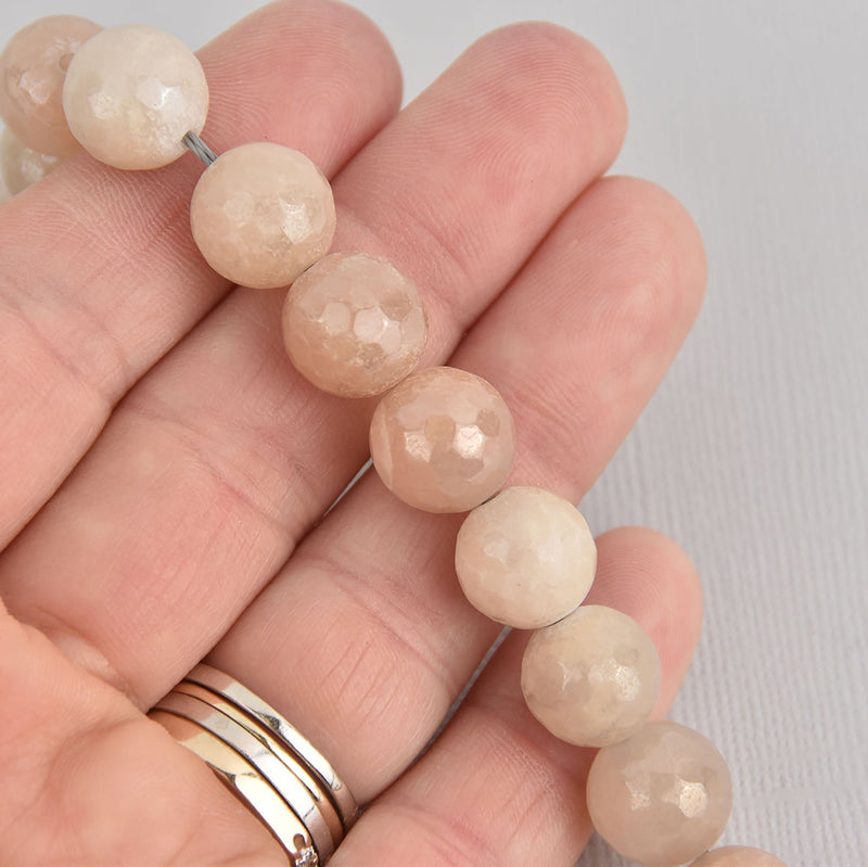 12mm Peach Moonstone Beads, Round Electroplate Gemstone, Faceted, x6 beads, gem0526
