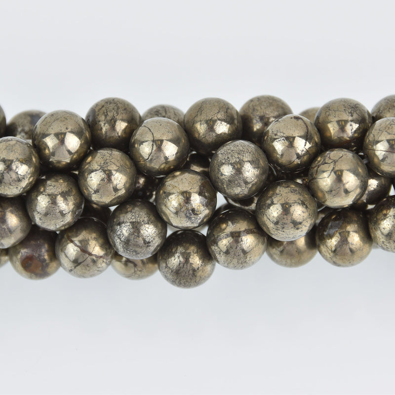 10mm PYRITE Fools Gold Round Beads, Smooth, Strand, gem0536