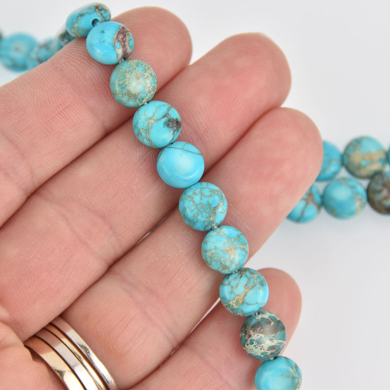 8mm Aqua Impression Jasper Coin Beads, smooth gemstone, half strand, gem0571