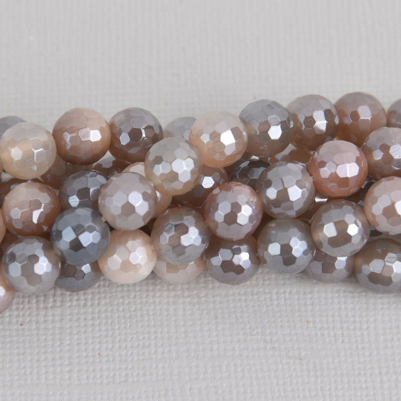 8mm Pink Moonstone Beads, Round Rainbow Electroplate Gemstone, Faceted, x10 beads, gem0624