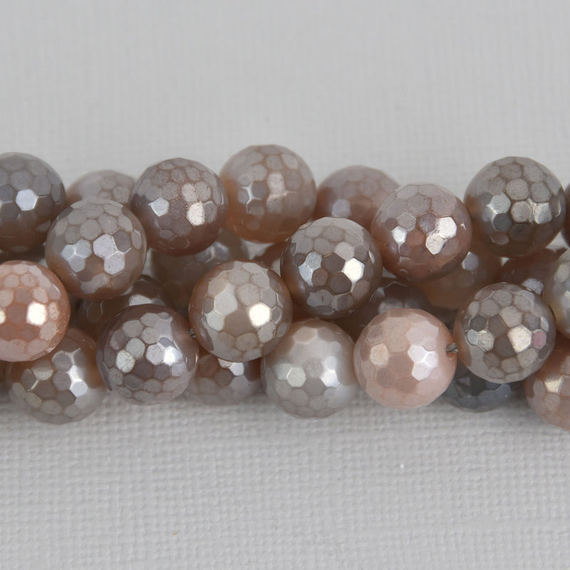 10mm Pink Moonstone Beads, Round Rainbow Electroplate Gemstone, Faceted, x6 beads, gem0625