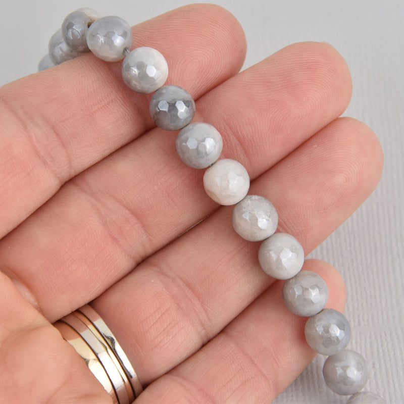 8mm White Lace Agate Round Beads, gray faceted gemstones, full strand, gem0643