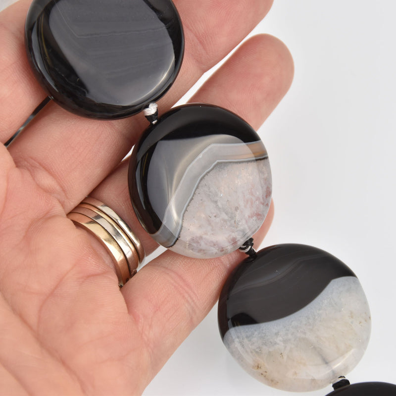 35mm BLACK AGATE Round Coin Gemstone Beads, Geode Gemstone Beads, x4 beads, gem0648