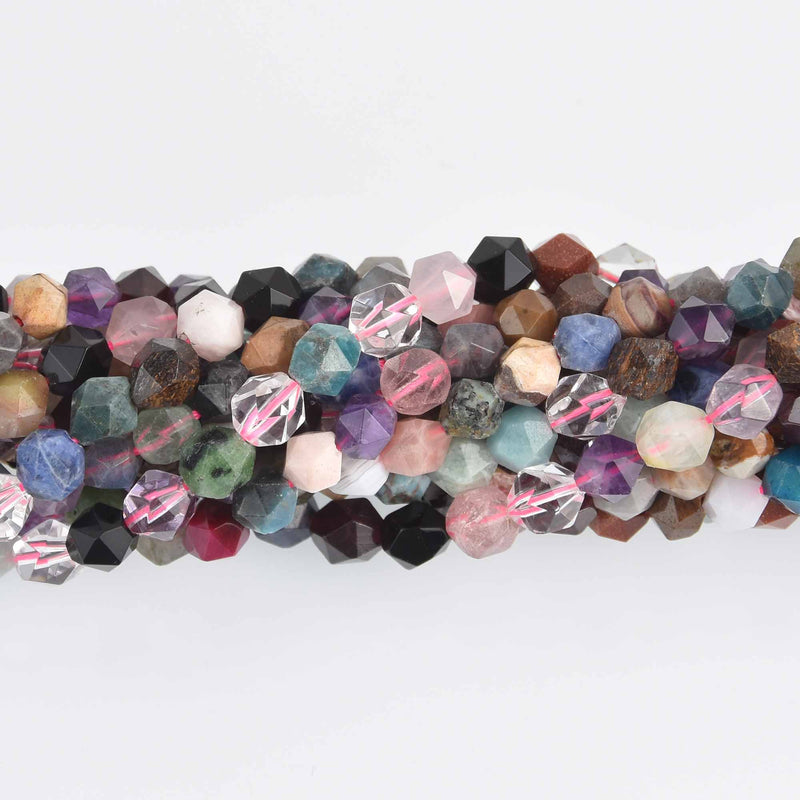 8mm Gemstone Star Cut Beads, mixed stones, hand cut faceted, strand, gem0714