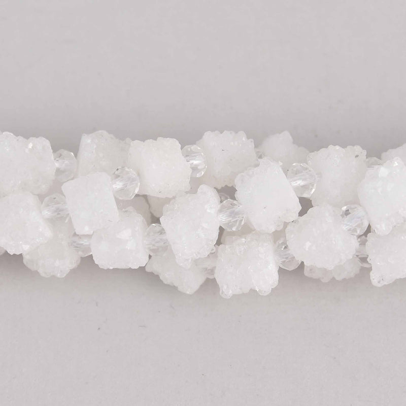 2 WHITE Druzy Beads, Natural Quartz, AB Plated, Cross Section of Stalactite, 7mm to 8mm, gem0722