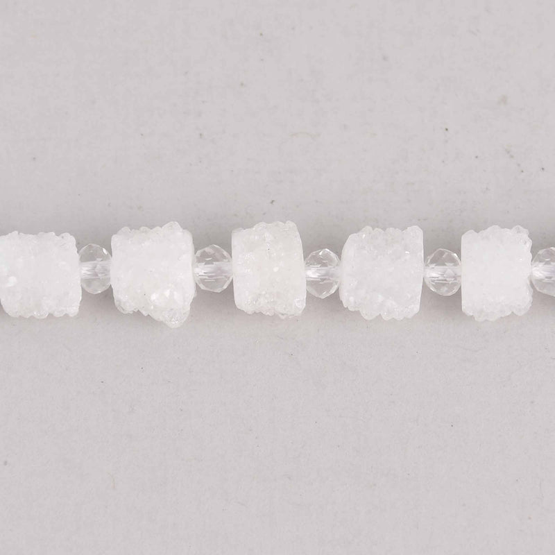 2 WHITE Druzy Beads, Natural Quartz, AB Plated, Cross Section of Stalactite, 7mm to 8mm, gem0722