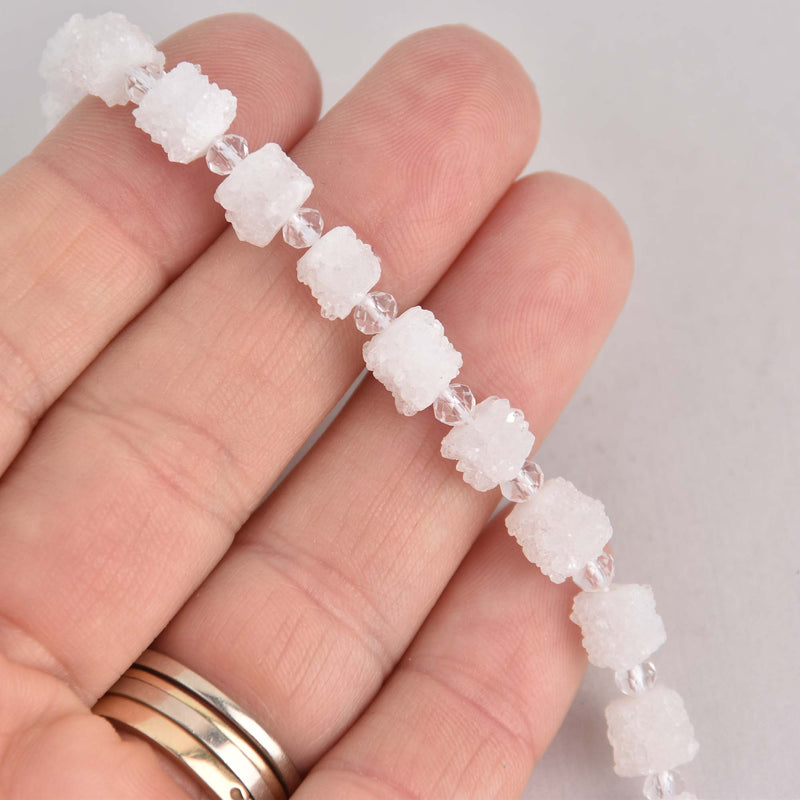 2 WHITE Druzy Beads, Natural Quartz, AB Plated, Cross Section of Stalactite, 7mm to 8mm, gem0722