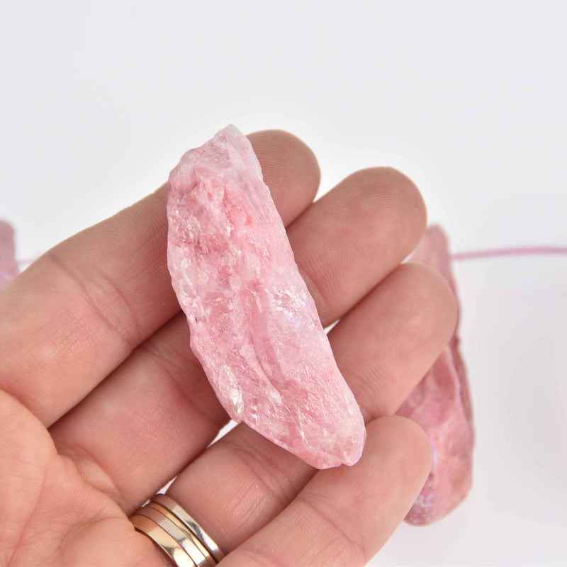 2 Pink Aura Quartz Pendant Beads, spike stick shape, top drilled, about 2.25" long, gem0725