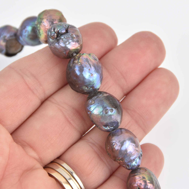 2 Large Peacock Blue Cultured Pearl Beads, 13mm to 16mm, gem0732