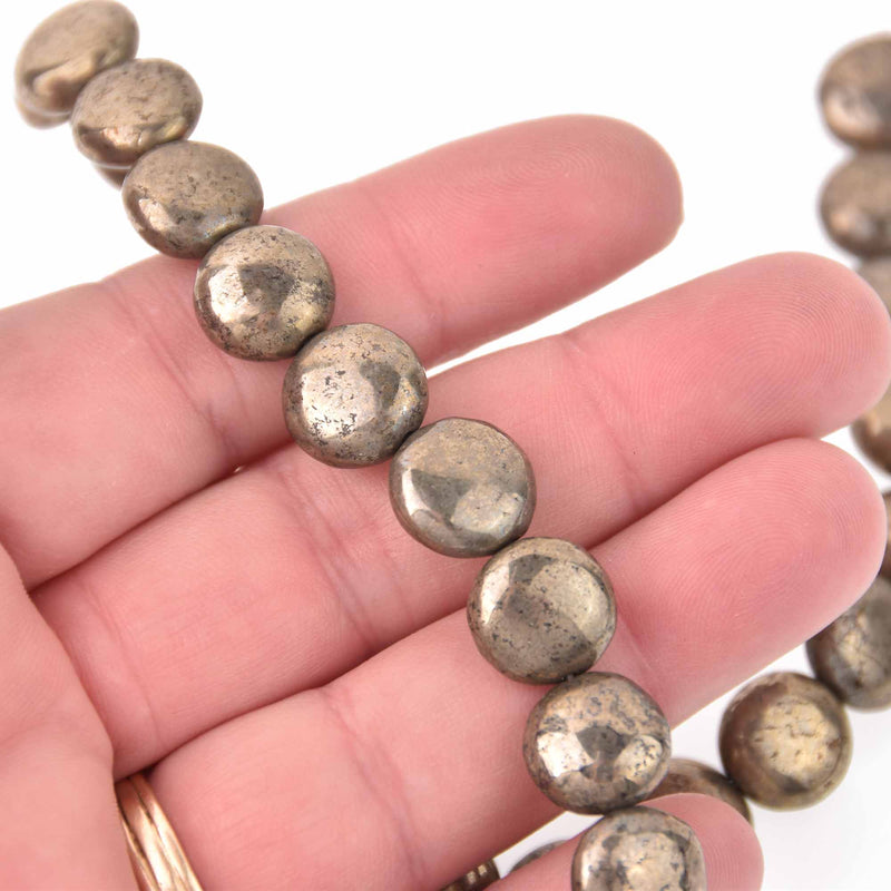 12mm PYRITE Fools Gold Gemstone Beads, Coin, strand, gem0745