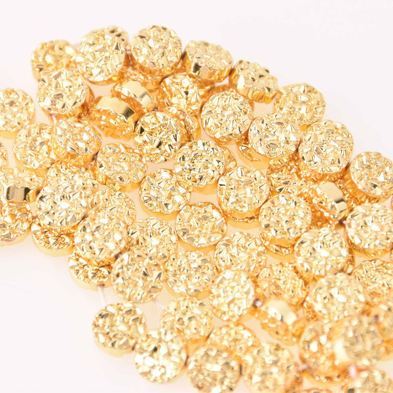 10mm Hematite Coin Beads, GOLD Coated Gemstone, 15 beads, gem0748