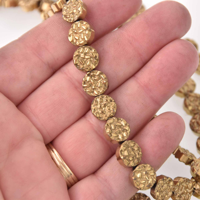 10mm Hematite Coin Beads, GOLD Coated Gemstone, 15 beads, gem0752