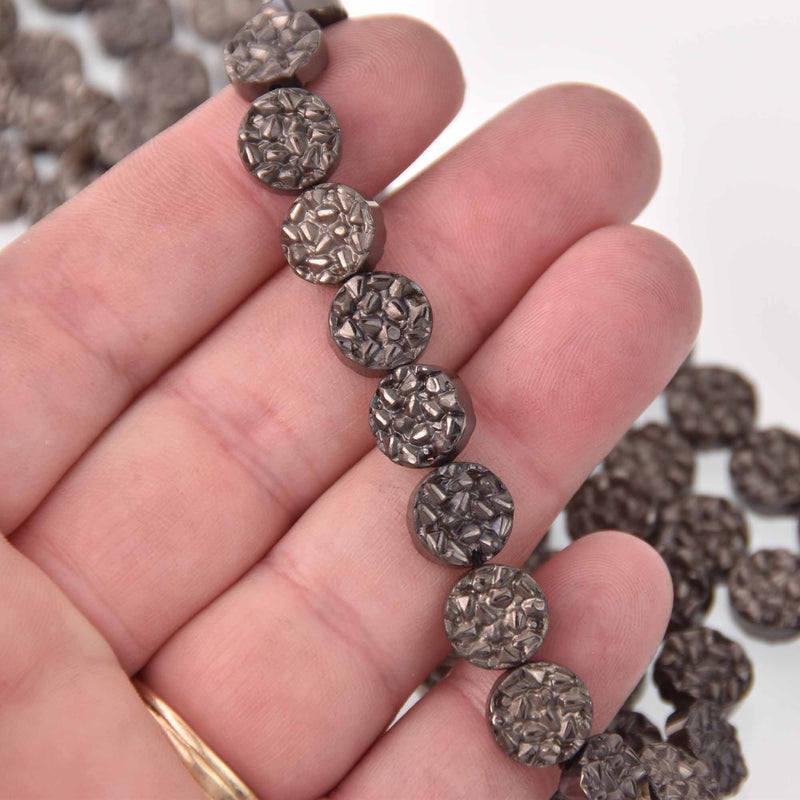 10mm Hematite Coin Beads, GUNMETAL Coated Gemstone, 15 beads, gem0753