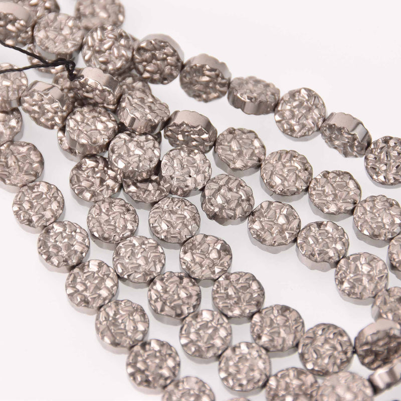 10mm Hematite Coin Beads, SILVER Coated Gemstone, 15 beads, gem0754