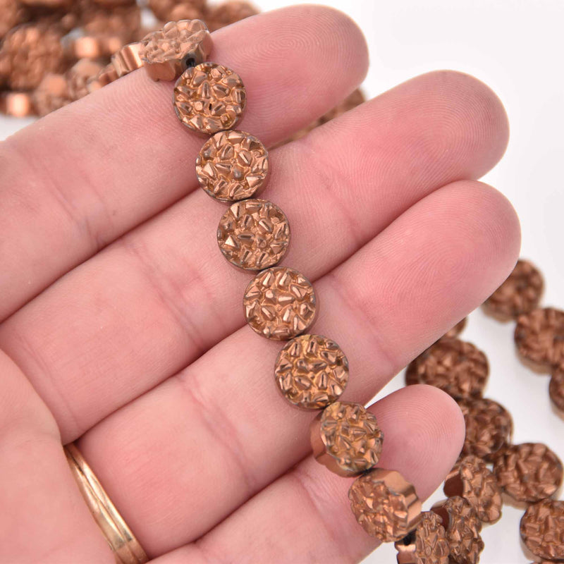 10mm Hematite Coin Beads, BRONZE Coated Gemstone, 15 beads, gem0755