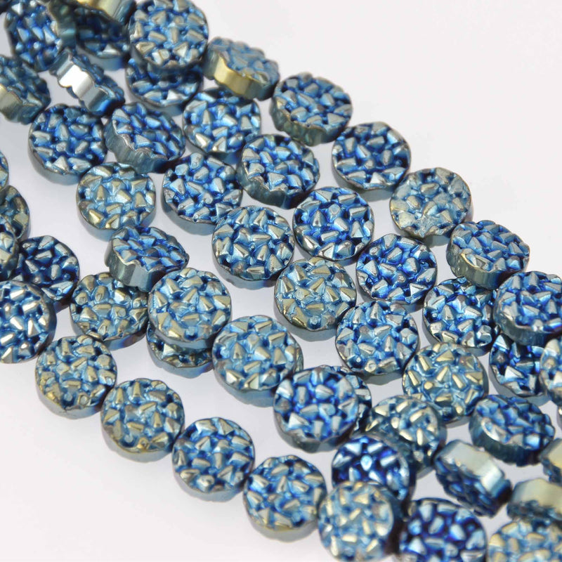 10mm Hematite Coin Beads, BLUE and GOLD Coated Gemstone, 15 beads, gem0756