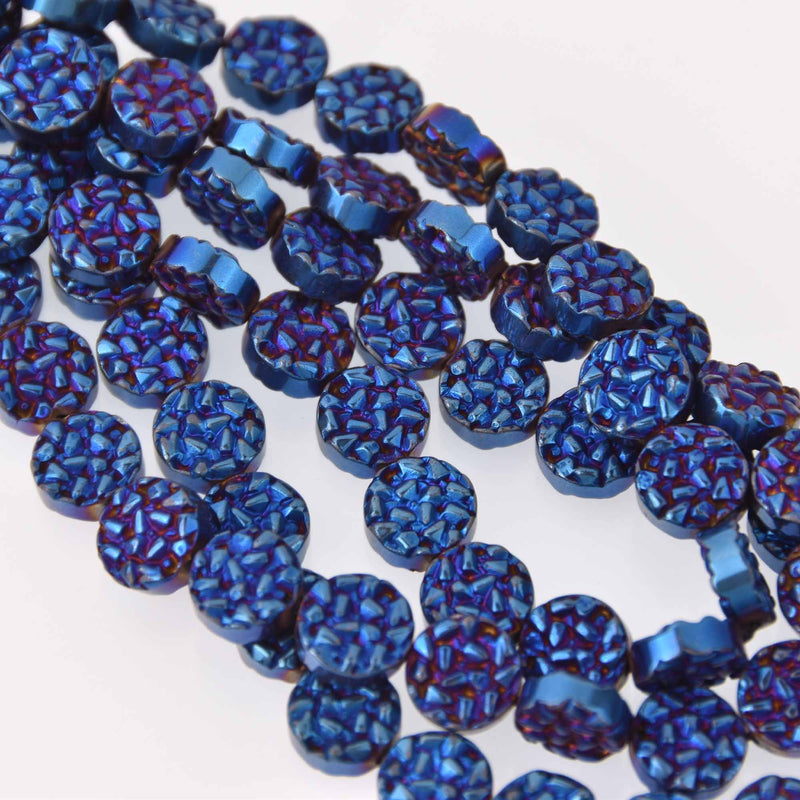 10mm Hematite Coin Beads, DARK BLUE Coated Gemstone, 15 beads, gem0757