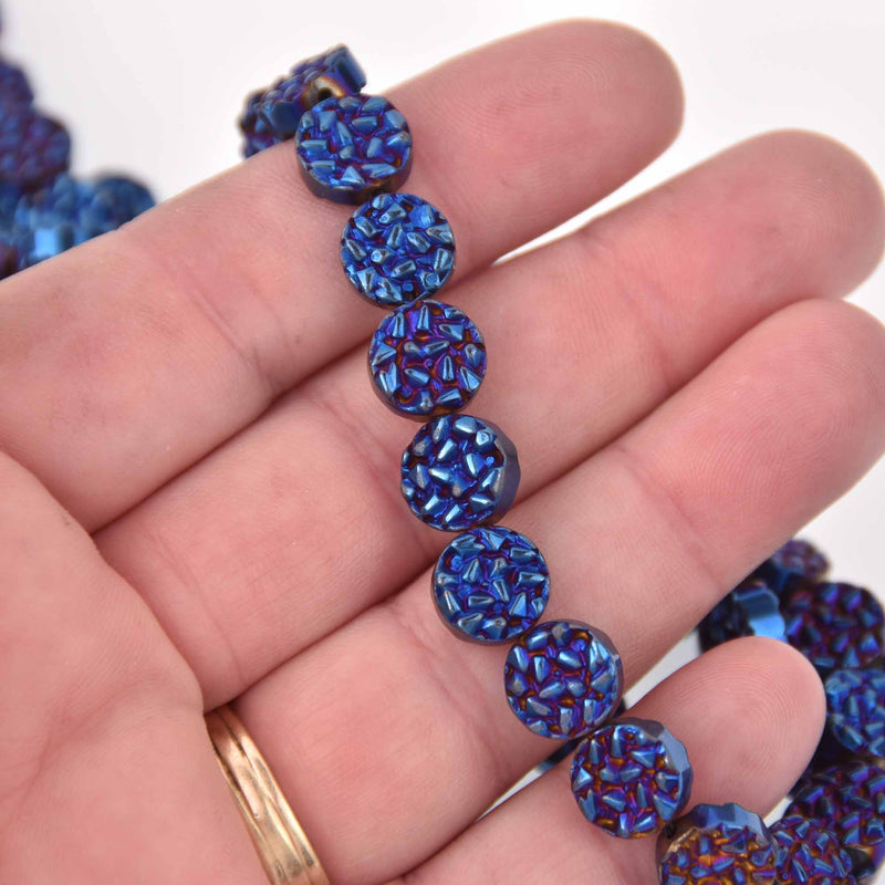 10mm Hematite Coin Beads, DARK BLUE Coated Gemstone, 15 beads, gem0757