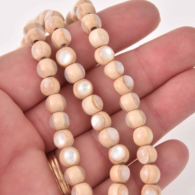 8mm Whitewood and Shell Round Beads, wooden beads, half strand, gem0797