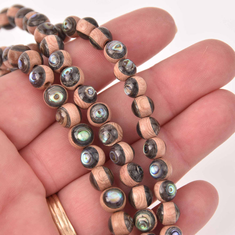 8mm Rosewood and Abalone Round Beads, wooden beads, shell beads, half strand, gem0798