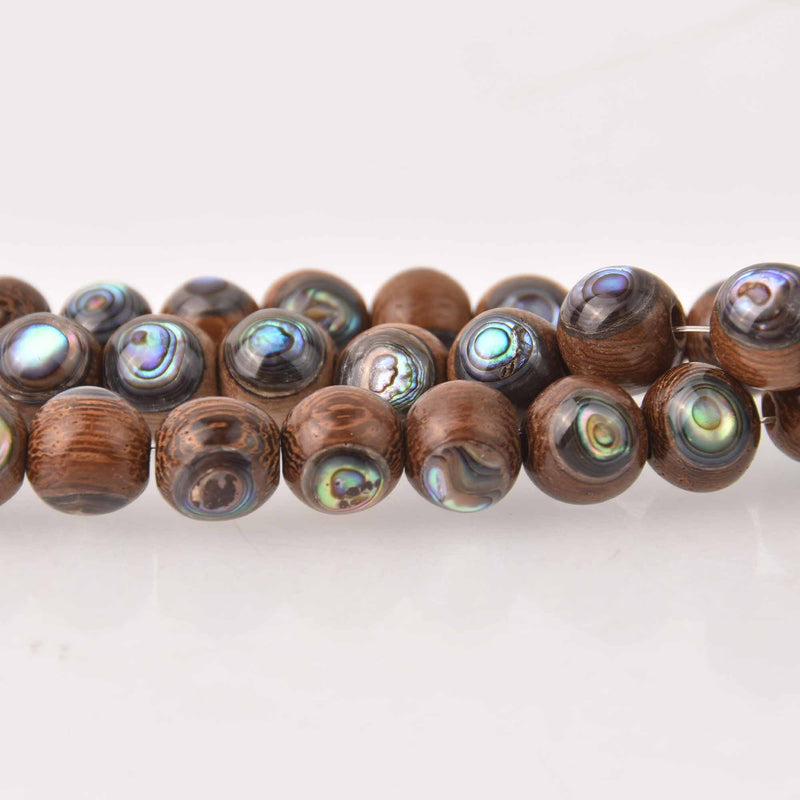 10mm Sandalwood and Abalone Round Beads, wooden beads, shell beads, half strand, gem0799