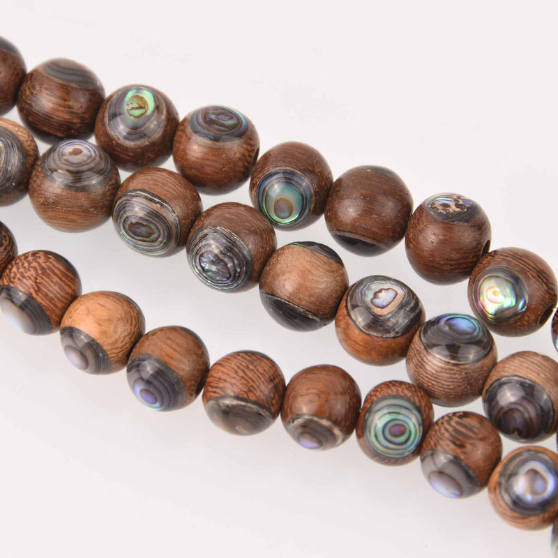 10mm Sandalwood and Abalone Round Beads, wooden beads, shell beads, half strand, gem0799