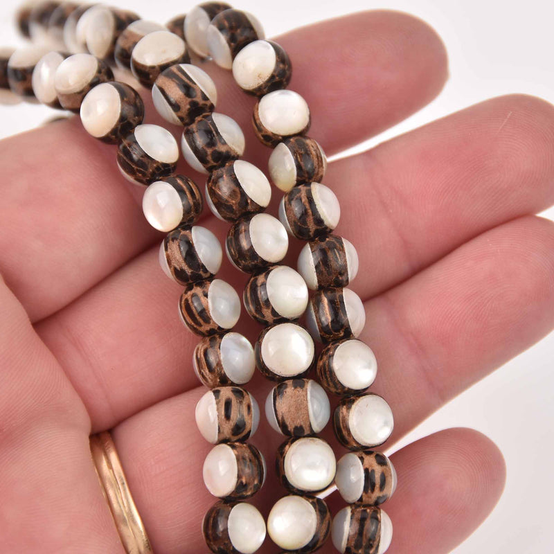 8mm Coconut Palmwood and Shell Round Beads, wooden beads, half strand, gem0802