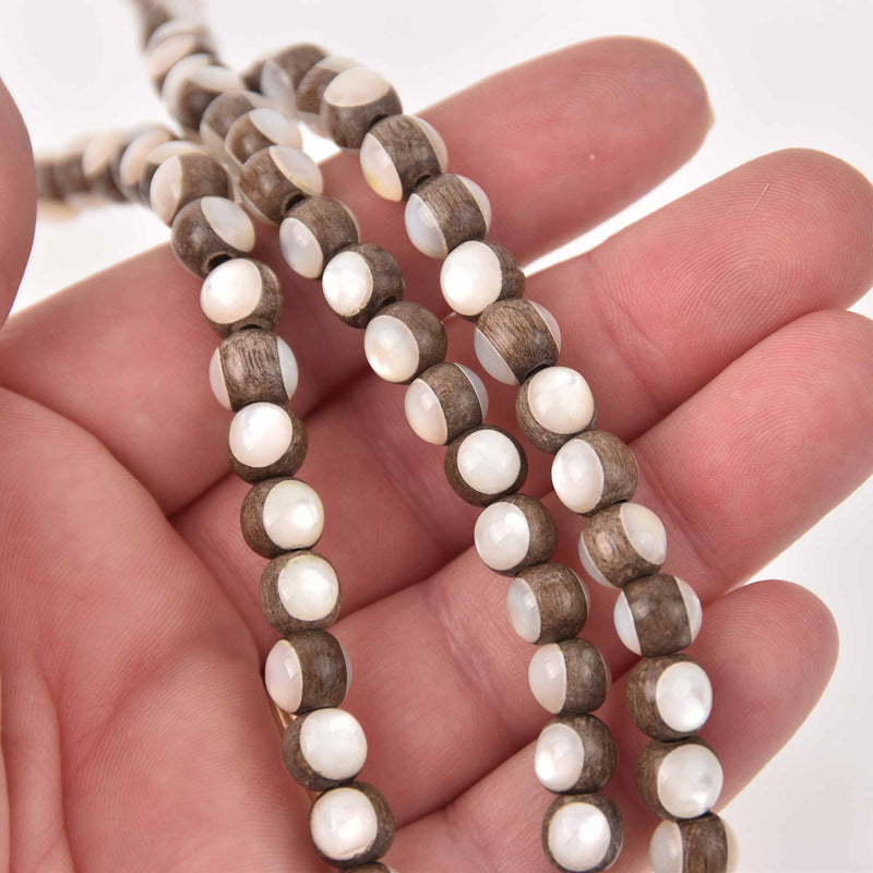 8mm Graywood and Shell Round Beads, wooden beads, half strand, gem0804